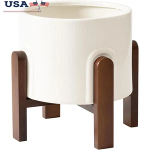 Ceramic Planter W/ Wood Stand Modern Indoor Plant Pot W/ Drainage Hole New - Picture 1 of 7