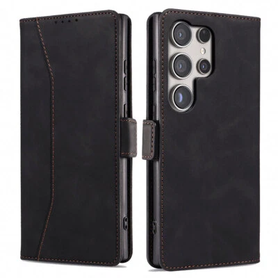 Black Leather Flip Wallet Case Cover For Samsung Galaxy S24/S24 Plus/S24 Ultra - Image 1 of 4