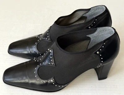 J. Renee Black Leather Block Heels Mesh Sides Studded Women's Size 8M 2.75" High - Image 1 of 4