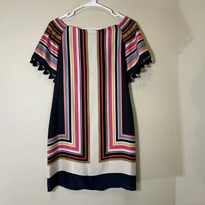 Vestido Trina Turk Fuera del Hombro Seda Multicolor con Azul Marino y Crema Talla XS Foto 1 de 4