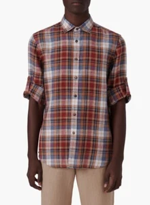 Bugatchi Plaid Linen Button-Up Shirt Large, CARAMEL - Picture 1 of 7
