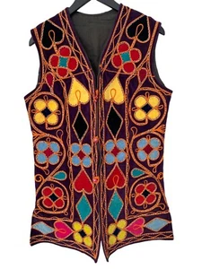 Vintage 60s 70s Afghan Vest Mens Medium Embroidered Clubs Hearts Spades Diamonds - Picture 1 of 10