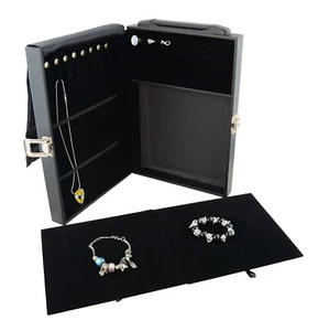 Black Leatherette Jewellery Travel Case Chain Snap Slotted Ring Tray Velvet Pads - Picture 1 of 5