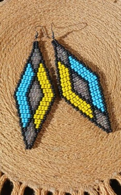 Blue and Yellow Handmade Seed Bead Earrings Drop Earrings for Women  - Image 1 of 4