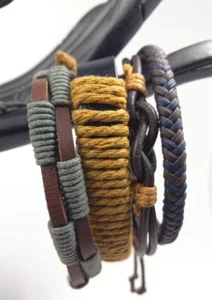 Mens Leather Bracelet Lot 4 Boho Rope Corded Natural Jewelry Summer Adjustable - Picture 1 of 5