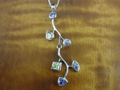 Multi Color Stones Drop Dangle Vine Look Sterling Silver 925 Pendant Necklace - Image 1 of 2