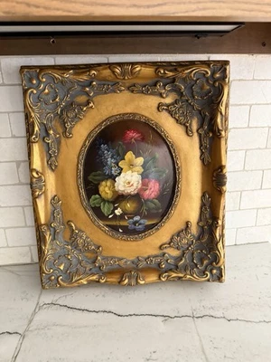 De Colección Bodegón Floral Pintura al Óleo Ornado Barroco Dorado Dorado Madera Marco Convexo Foto 1 de 4
