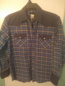 VTG Wrangler Western Brushpopper Shirt Sz. L Blue Plaid Pearl Snap Long sleeve - Picture 1 of 11