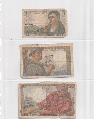Page of French Banknotes, 5, 10 & 20 Francs - Image 1 of 2