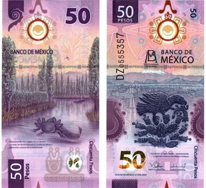 2025 Mexico 50 Pesos P138 UNC Polymer Banknote 100th Anniversary CB Axolotl - Picture 1 of 1