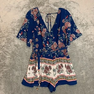 Trixxi Women Paisley Floral Plunge V Neck Boho Hippie One Piece Belted Romper M - Picture 1 of 16