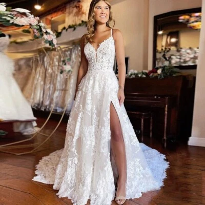 Lace Applique  Wedding Dresses Off Shoulder with High Split Bridal Gowns Train - Image 1 of 4