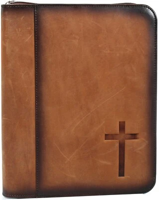 Nocona Western Bible Cover Leather Stained Cross Zip Closure Brown 0651502