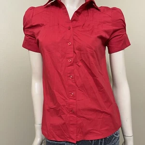 Women’s Red Polyester Casual Stretch Pleated Short Sleeve Size S Button-up Top - Picture 1 of 20