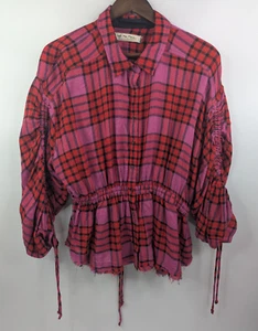 Free People Women's Pacific Dawn Drawstring Plaid Red Combo Shirt Snap Size M - Picture 1 of 12