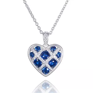 Sterling Silver Lattice Heart Necklace for Women with Blue Stones - Picture 1 of 6