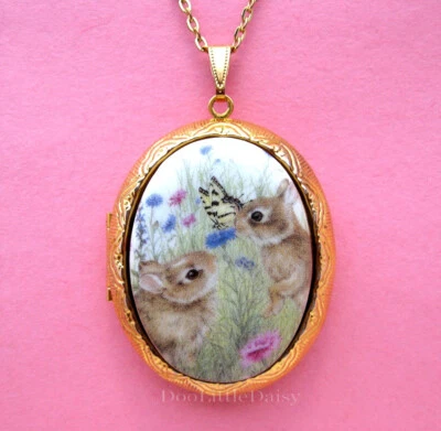 Easter Bunny Rabbits & Butterfly Porcelain Cameo Costume Jewelry Locket Necklace - Image 1 of 3
