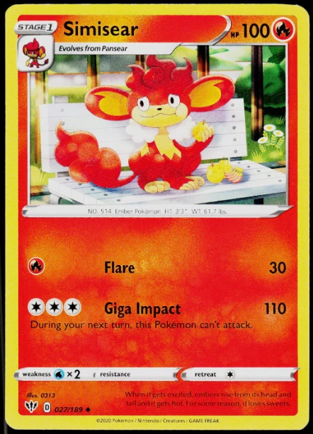 Pokemon - Simisear - 027/189 - Darkness Ablaze  - NM/M - Image 1 of 1