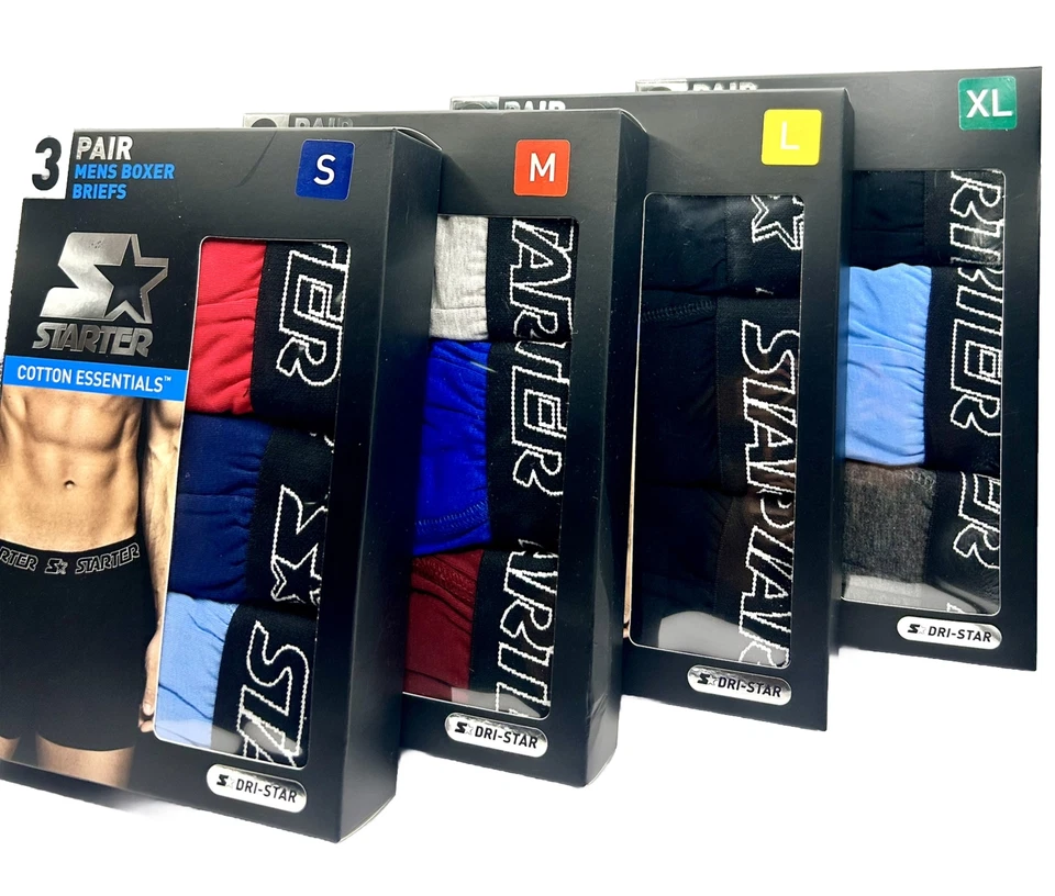 New Starter Men 3 Pack Cotton Essential 4 Way Stretch Boxer Briefs Sizes S-XL - Image 1 of 1