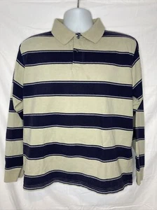 St Johns Bay Polo Shirt Men's Medium Beige Blue Striped Long Sleeve - Picture 1 of 6