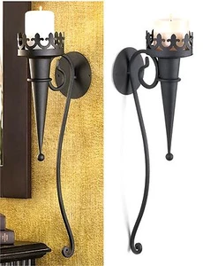STUNNING TORCH STYLE MATTE-BLACK 18.8" GOTHIC WALL CANDLEHOLDER SCONCE ** NIB - Picture 1 of 12
