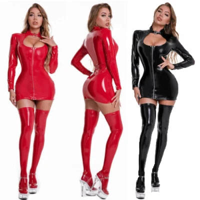 Mini vestido Bodycon sexy feminino couro ecológico com zíper aparência molhada brilhante clubwear festa - Imagem 1 de 4