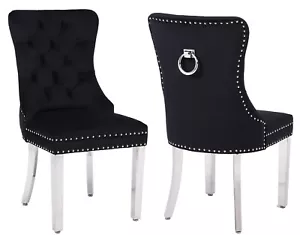 Set of 2 Black Velvet Dining Chairs Ring Knocker, Velvet Upholstered , Wing back - Picture 1 of 12