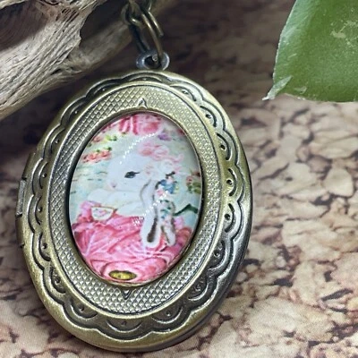 BUNNY RABBIT Locket Necklace JEWELRY Pendant PHOTO bronze Pink Photo Bday GIFT - Image 1 of 4