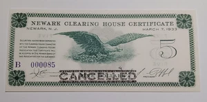 Newark, NJ Newark Clearing House Certificate $5 Low Serial # 85 Depression Scrip - Picture 1 of 2