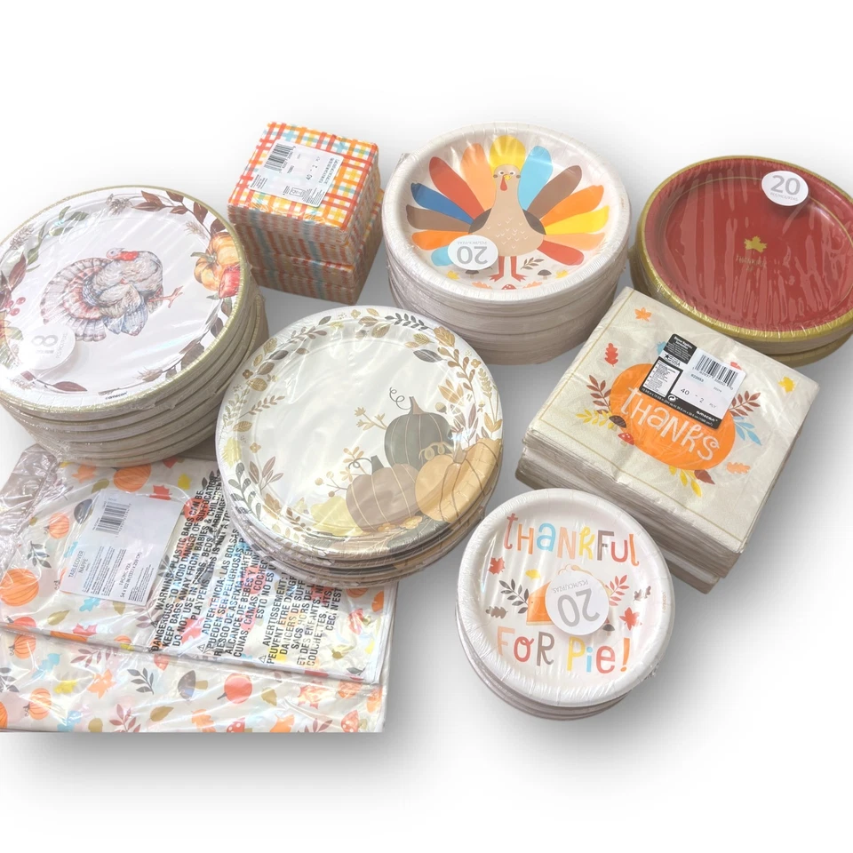 Thanksgiving Paper Plates Farmhouse Napkins Tablecloth Fall Pumpkins Turkey NEW - Image 1 of 1