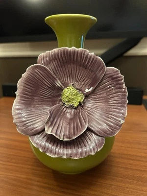 Anthropologie Green Ceramic Vase with Large Sculptural Purple Flower – 3D 9-inch - Image 1 of 4