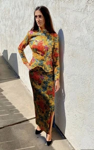 Vintage Gwen Couture yellow floral silk sequin blouse & woven satin skirt set XS - Picture 1 of 10