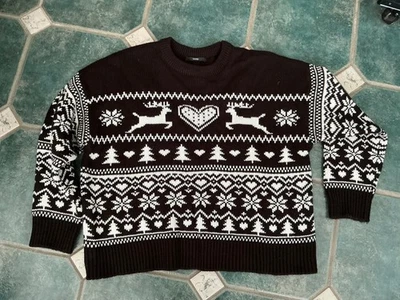 Christmas Xmas Ladies Jumper george uk 20/22 black white fairisle reindeer trees - Image 1 of 4