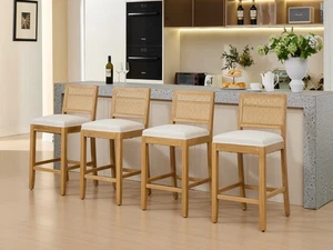 Set of 4 27.9" H Linen Fabric Barstools Solid Wood Rattan-Back Bar Chairs Beige - Picture 1 of 23