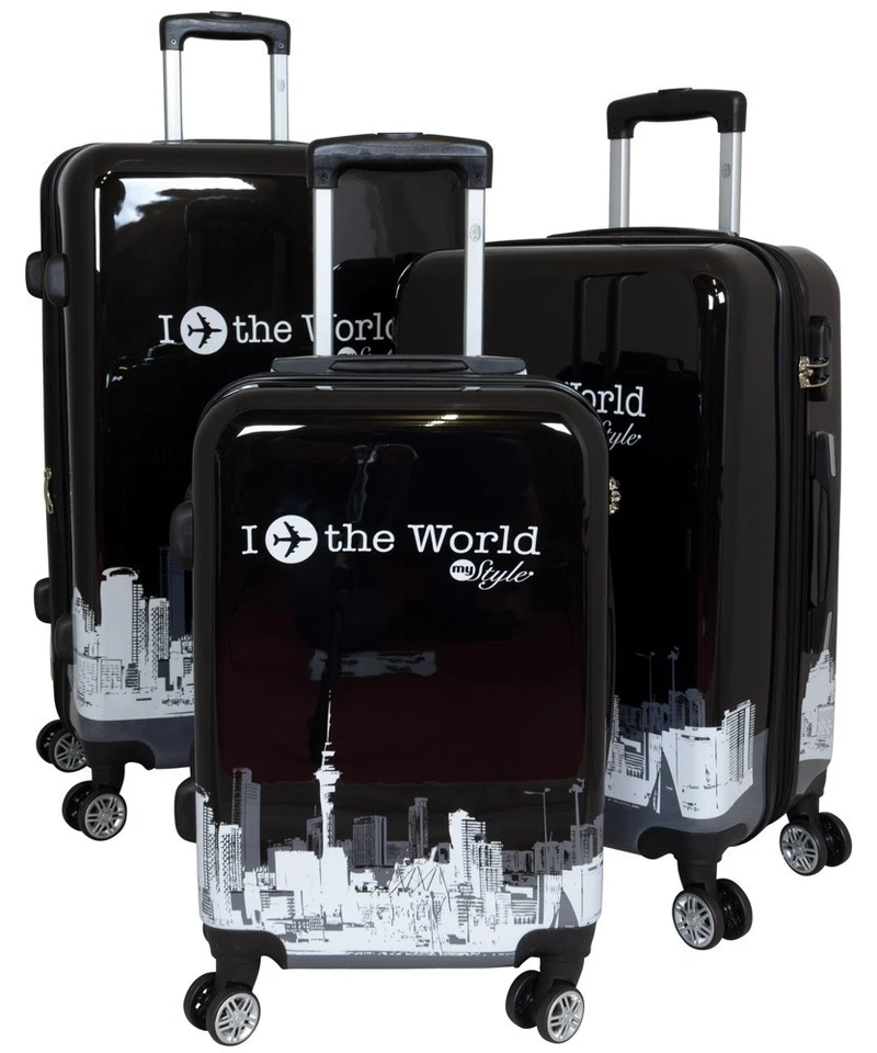 Hartschale Koffer & Kofferset 3tlg mit Motiv Trolley Fly the world schwarz S M L - Bild 1 von 1
