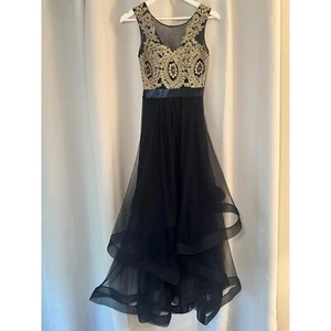 City Triangles Formal Dress Gold Lace Applique Tiered Tulle Skirt Size 1 Navy - Picture 1 of 8