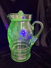 VTG Green Uranium Glass Water Juice Pitcher W/ Lid Etched Flowers 10.25”