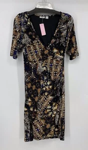 Cato Woman Black/Brown Short Sleeve Zip Side Cinched Wrap Dress Size 6 Lined - Picture 1 of 5