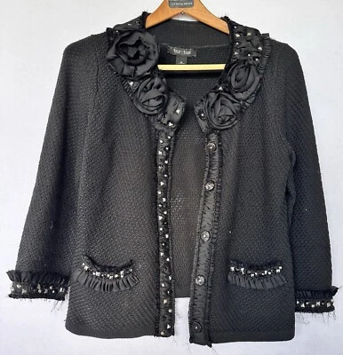 WHBM Rhinestone Cardigan Sweater Sz M Rosettes Black Jacket Classy Formal Foto 1 de 3