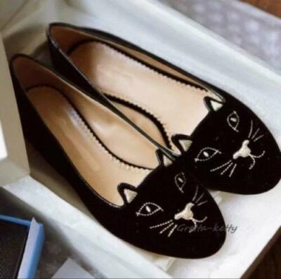 Hot Women Olympia Cat Velvet Flats Loafers Charlotte Shoes Black Gold HeelsWEN99