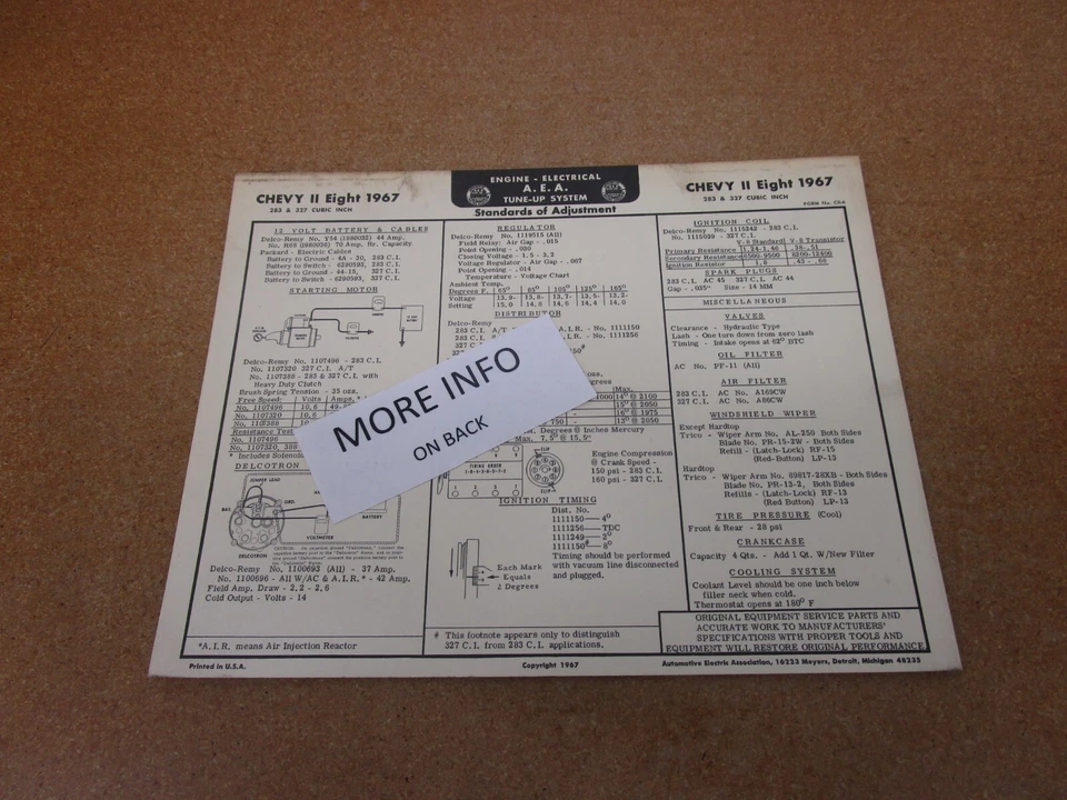 1967 Chevrolet Chevy II V8 327 283 engine AEA tune up chart spec sheet ORIGINAL Foto 1 de 1