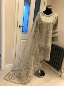 LIGHT GREY SILVER PINK ANARKALI KURTA SHALWAR DIAMANTE CRYSTAL BRIDAL DRESS - Picture 1 of 8