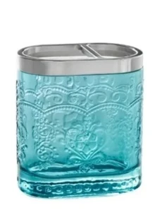 Pioneer Woman ~ Embossed ~ Amelia ~ TEAL ~ Glass ~ Toothbrush Holder - Picture 1 of 5