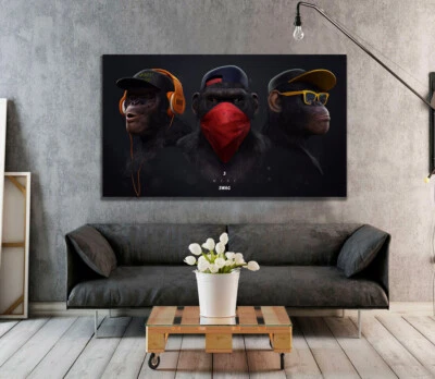  PRINT ON STRETCHED CANVAS FRAMED WISE MONKEYS PRINTS POSTER HOME DECOR MONKEY - image 1 of 4