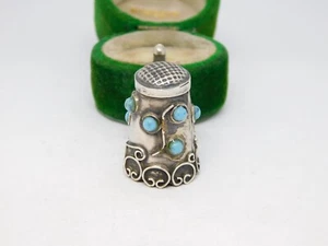 Sterling Silver Cabochon Turquoise Set Sewing Thimble Vintage 1982 London - Picture 1 of 3