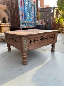 Antique 17" Square Wooden Chowki Handcrafted Low Coffee Table Bajot W/ Drawer - Picture 1 of 21
