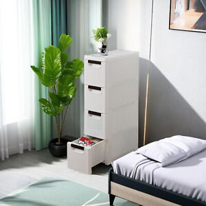 4 Tier White Plastic Bedroom Storage Cabinet w/ Drawers, Rolling Storage Cabinet