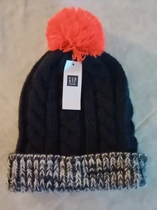 NWT - GAP Kids Blue Cable Knit Beanie with Orange Pom S/M - Picture 1 of 20