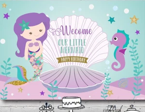 MERMAID SEA HORSE PERSONALISED BIRTHDAY PARTY BANNER BACKDROP DECORATION - Bild 1 von 4