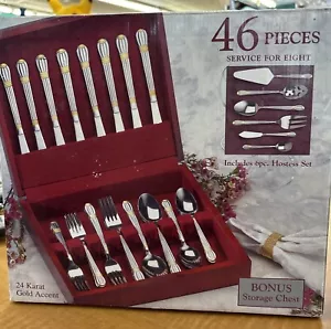 Prescott Tableware Stainless, Gold Plated, 46 Piece Set With Wooden Storage Box - Picture 1 of 5
